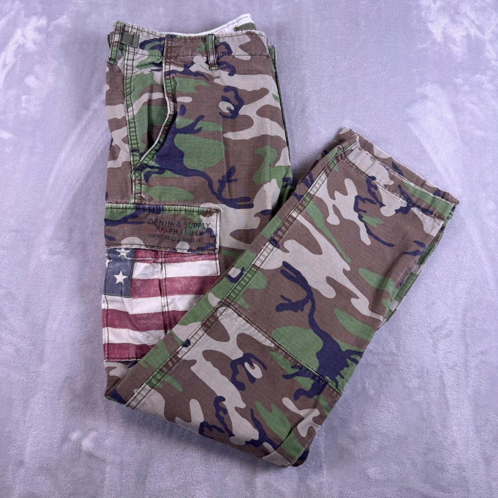 Polo Ralph Lauren Denim & Supply USA Flag Camo Cargo Military Pants 33